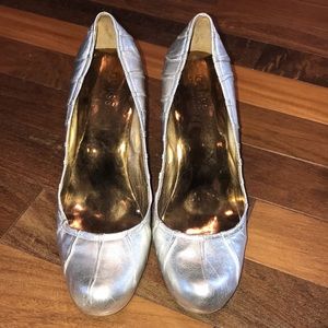 Guess Size 10 Silver Leather Wedge Heels